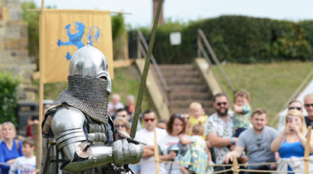 Medieval knight in battle regalia brandishing his sword
