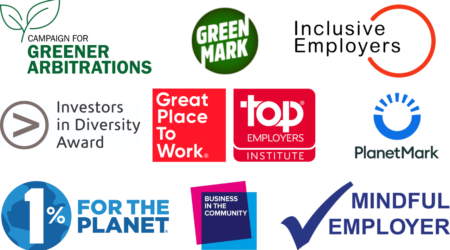A range of logos for: Greener Affirmations, Inclusive Employers, Great place to work, Mindful Employer, and others.