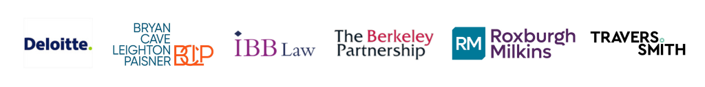 Logos of Deloitte, BCLP, IBB Law, The Berkeley Partnership, Roxburgh Milkins, Travers Smith