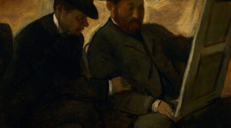 An impressionist painting of two men in 18th century clothing inspecting a canvas.